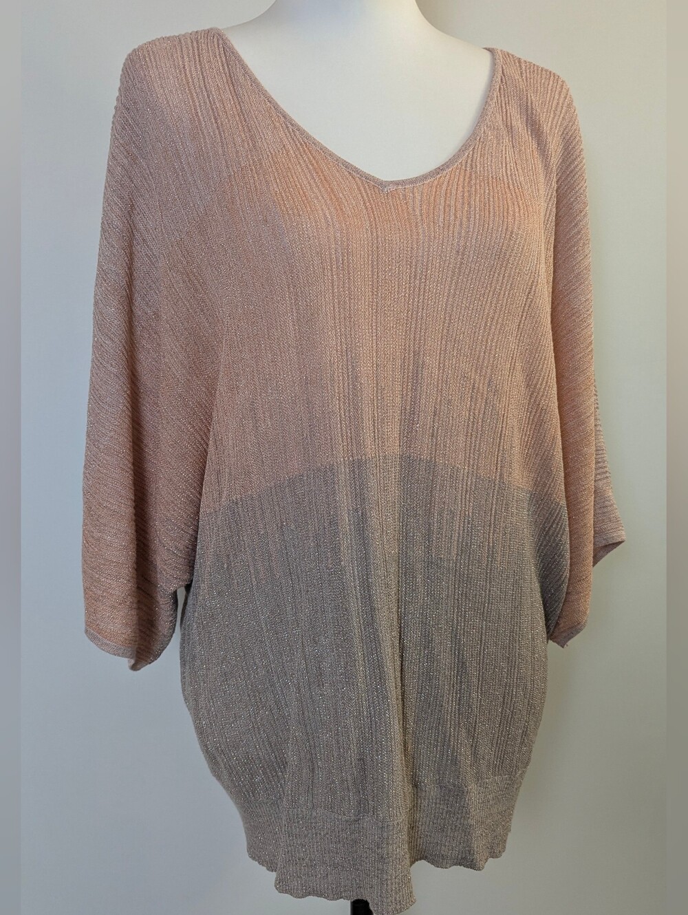 INC International Concepts Ombre Metallic Dolman Sleeve V-Neck Sweater Top Peach